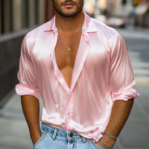 Herren Frühlingsmode Lässiges Satin-Langarmhemd mit glänzenden Ärmeln