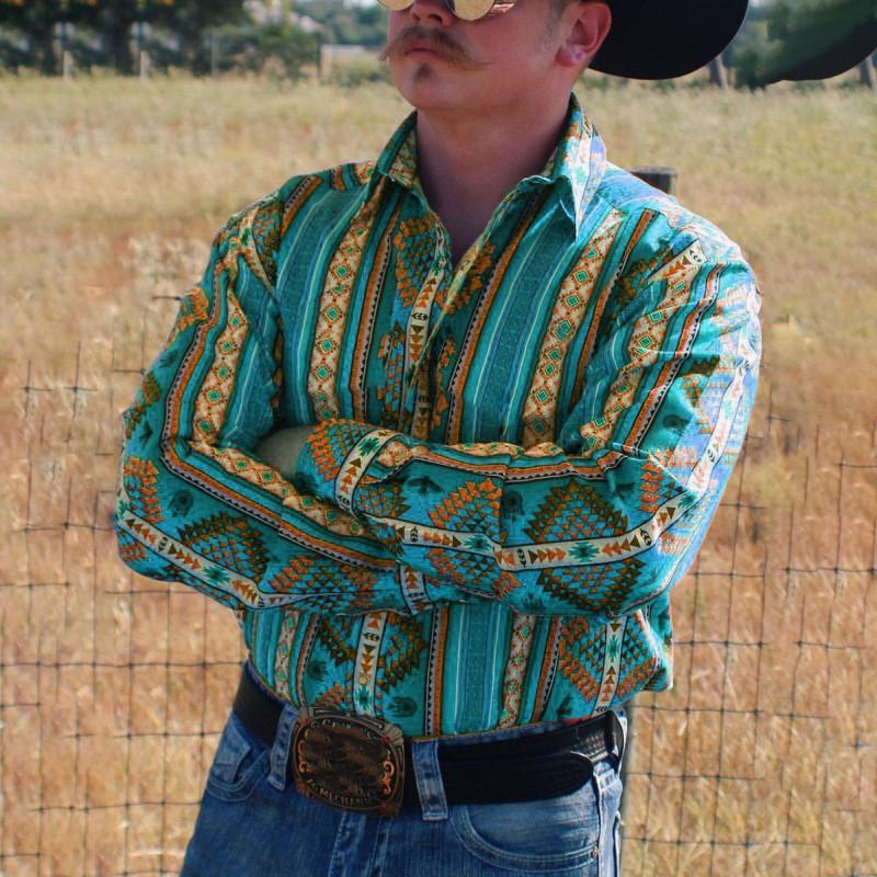 Herren-Langarmhemd mit Western-Cowboy-Streifenmuster und Aufdruck