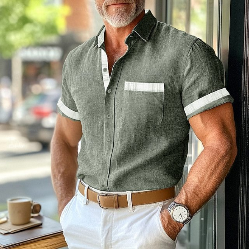 Men's Casual Cotton Linen Plaid Patchwork Lapel Slim Short-Sleeved Shirt