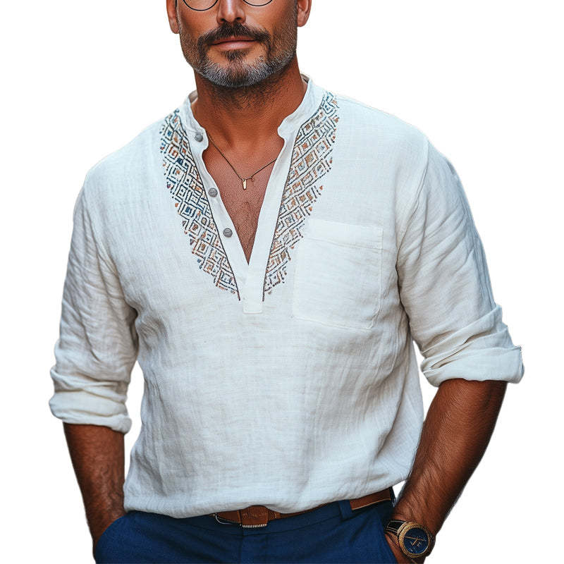 Men's Deep V Neck Vintage Embroidered Cotton And Linen T-Shirt