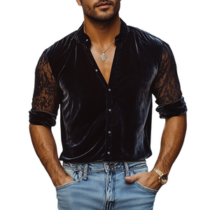 Men's Fashion Spring Lace Stitching Velvet Stand Collar Black Long Sleeve Shirt