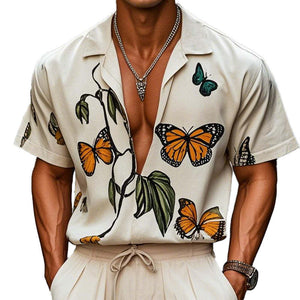 Men's Casual Loose Butterfly Print Short Sleeve Shirt