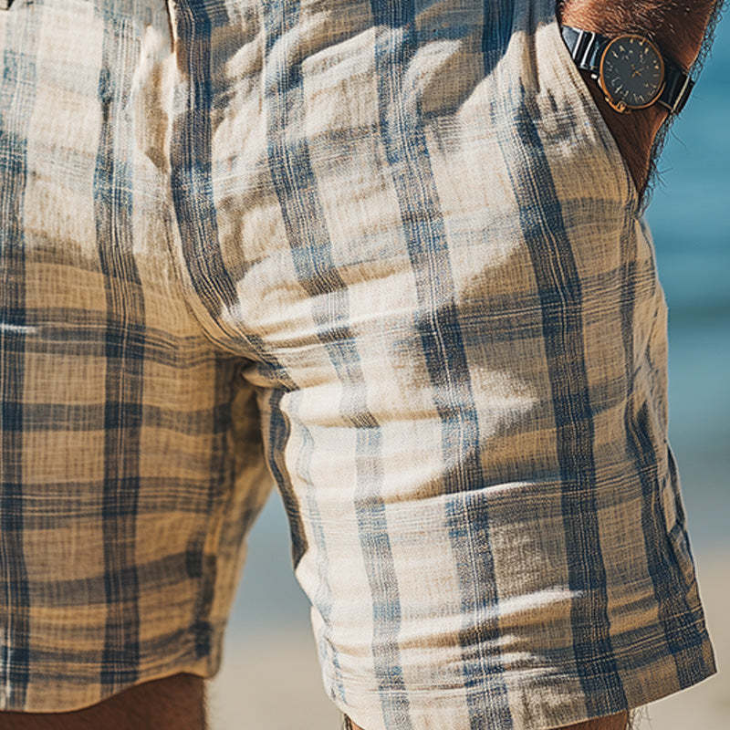 Men's Spring Fashion Plaid Linen Casual Sports Shorts