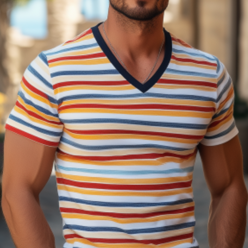 Klassisches, lässiges Slim Fit-T-Shirt aus Baumwolle mit kontrastierenden Streifen im Patchwork-Stil für Herren