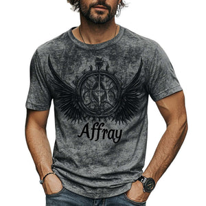 Men's Dark Gray Vintage Printed Round Neck Casual T-Shirt