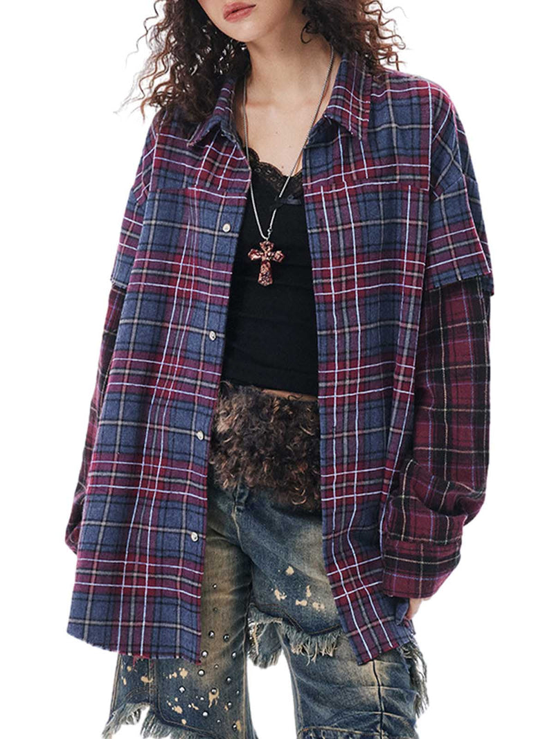 Retro Faux Two-Piece Plaid Shirt