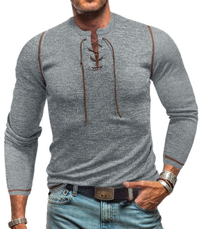 Men's Crew Neck Tie Long Sleeve Outdoor Henley T-Shirt
