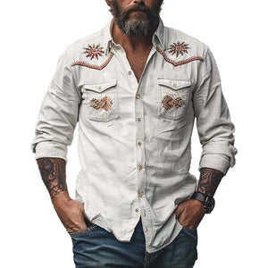 Herren-Langarmhemd aus bestickter Vintage-Baumwolle 