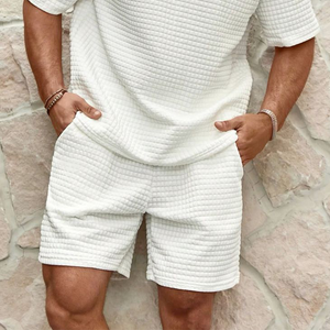 Herren Frühling und Sommer Lässiges hautfreundliches Waffelpullover-T-Shirt-Shorts-Set