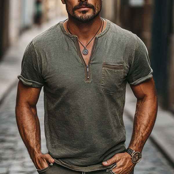 Men's Dark Green Distressed Half-Zip Casual Skin Friendly T-Shirt
