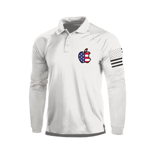 Poloshirt mit langen Ärmeln und Raglanärmeln mit Apfeldruck und USA-Flagge, 1/4-Knopf