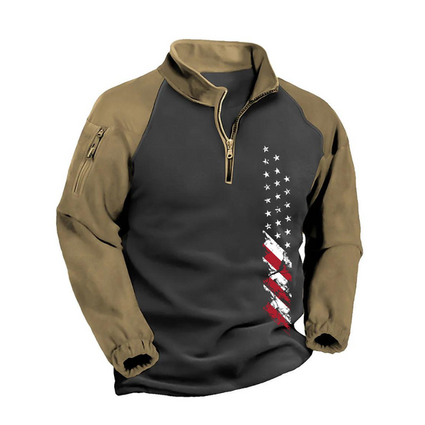 USA FLAG FLEECE CONTRAST COLOR RAGLAN  ZIPPER GRAPHIC POCKET SWEATSHIRT