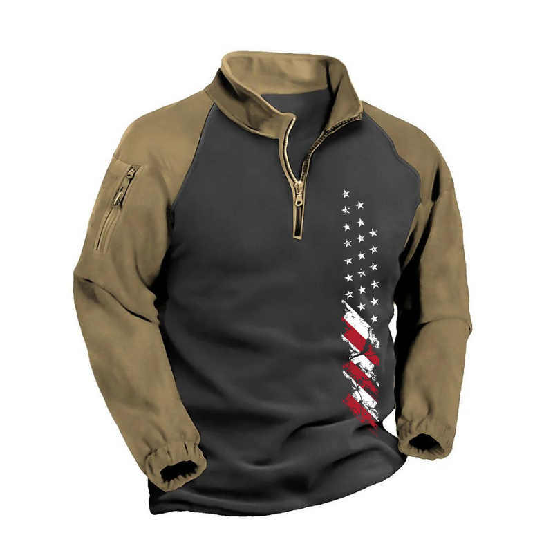 USA FLAG FLEECE CONTRAST COLOR RAGLAN  ZIPPER GRAPHIC POCKET SWEATSHIRT