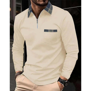 Men's Plaid Printed Stitching Zipper Lapel Pocket Long Sleeve Polo Shirt