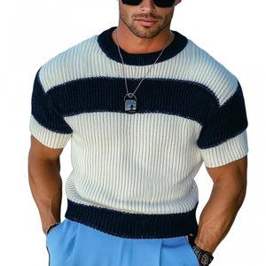 Men's Casual Contrast Color Round Neck Slim Fit Knitted Short Sleeve Sweater T-Shirt