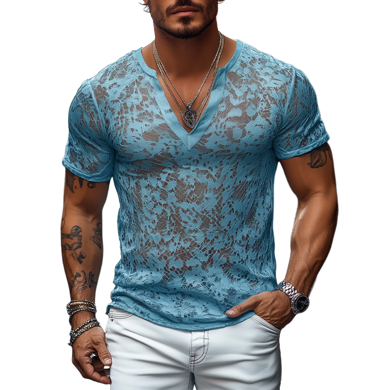Herren Frühling und Sommer Mode Lässiges V-Ausschnitt Slim Lace Kurzarm T-Shirt