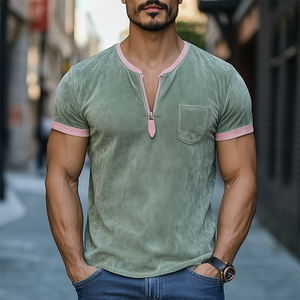 Men's Spring And Summer Fashion Casual V-neck Zipper Contrast Color Splicing Suede Short Sleeve T-shirt