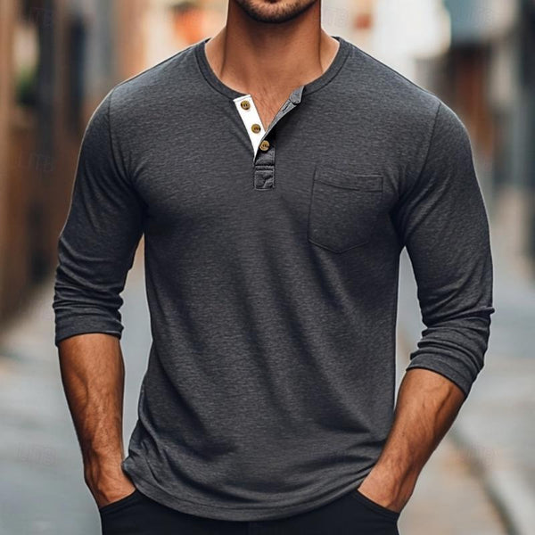Men's Solid Color Button Round Neck Long Sleeve T-Shirt
