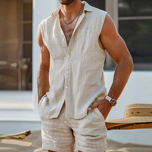 Herren Casual Leinen Revers Ärmelloses Hemd Elastische Taille Lose Shorts Set