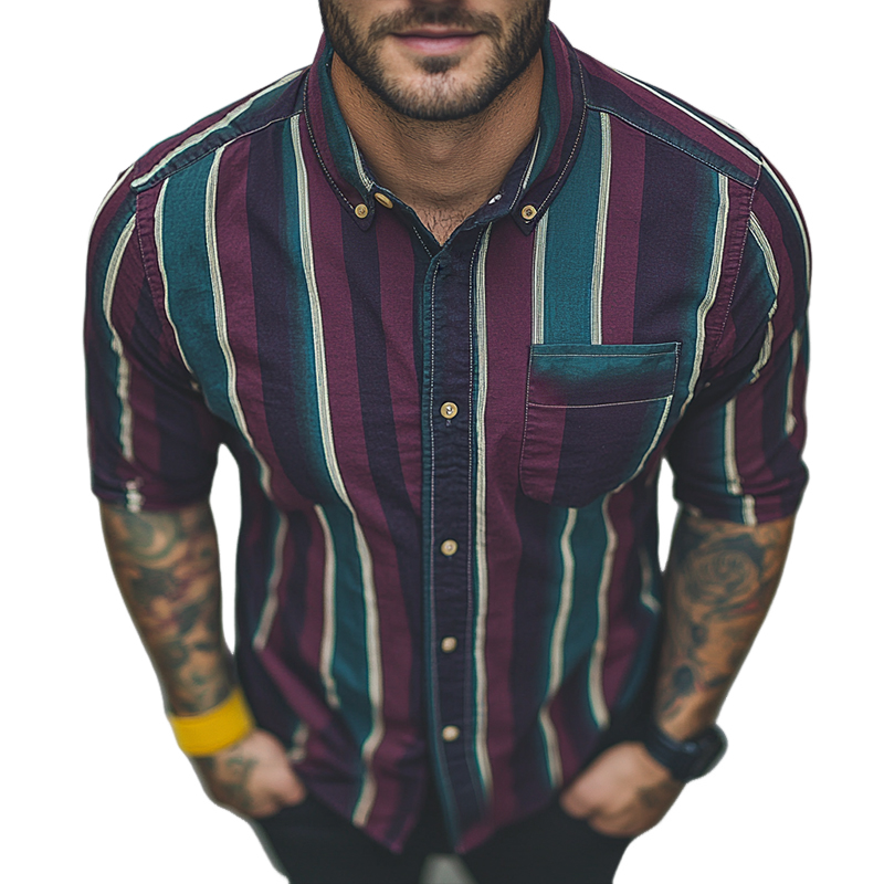 Herren Retro Casual Striped Print Revers Langarmhemd