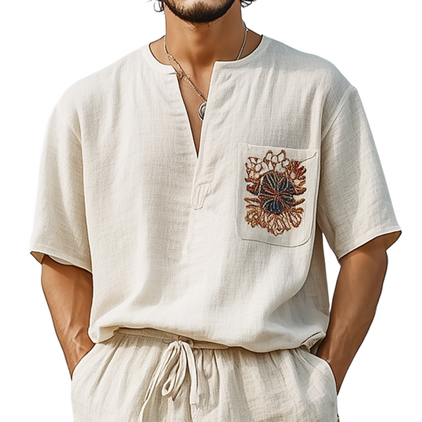 Men's Spring And Summer Casual V-neck Cotton And Linen Embroidered Short-sleeved T-shirt