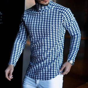 Men's Retro Casual Houndstooth Print Turtleneck Long Sleeve T-Shirt