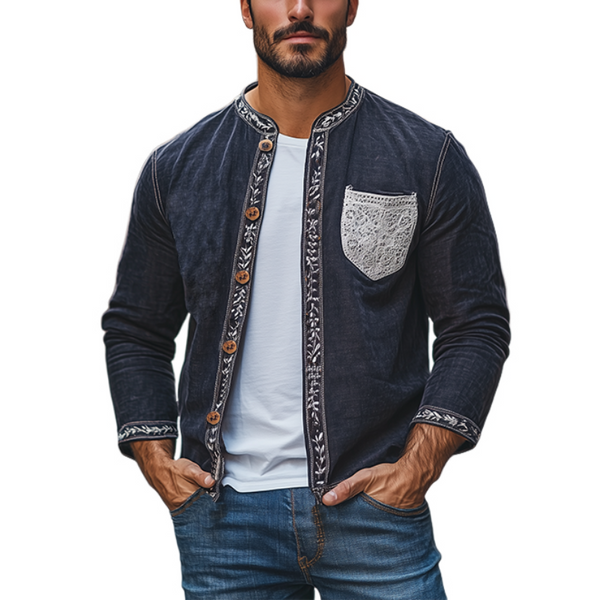 Men's Spring Fashion Retro Lace Splicing Cotton And Linen Long Sleeve Shirt