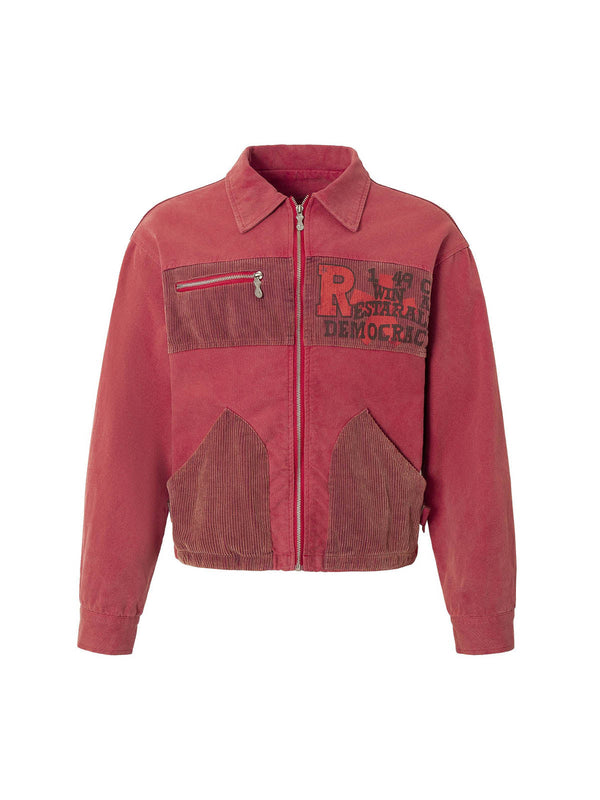 Letter Patchwork Zip UP Corduroy Jacket