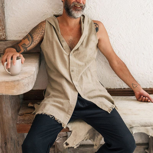 Klassisches Retro-Tanktop für Herren aus Baumwolle und Leinen mit Kapuze