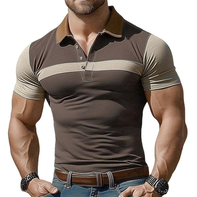 Herren Sommer Braun Polo Kragen Colorblock Stretch Slim Fit T-Shirt