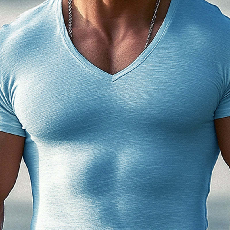 Einfarbiges Kurzarm-T-Shirt mit V-Ausschnitt für Herren