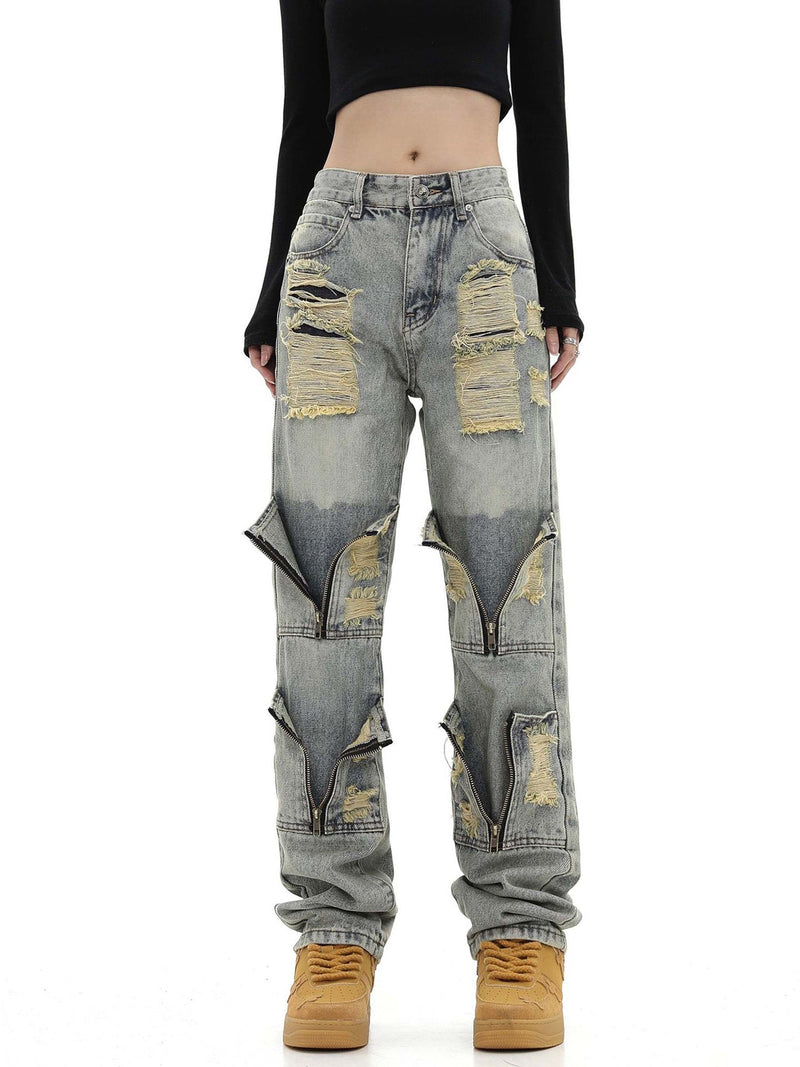 High Street Washed And Torn Work Pockets Denim Pants