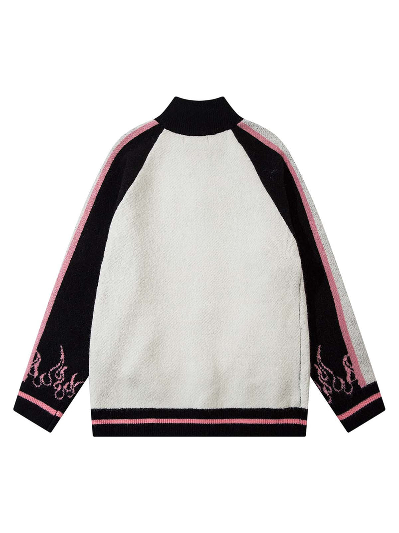 Contrast Color Jacquard Mock Neck Zipper Sweater