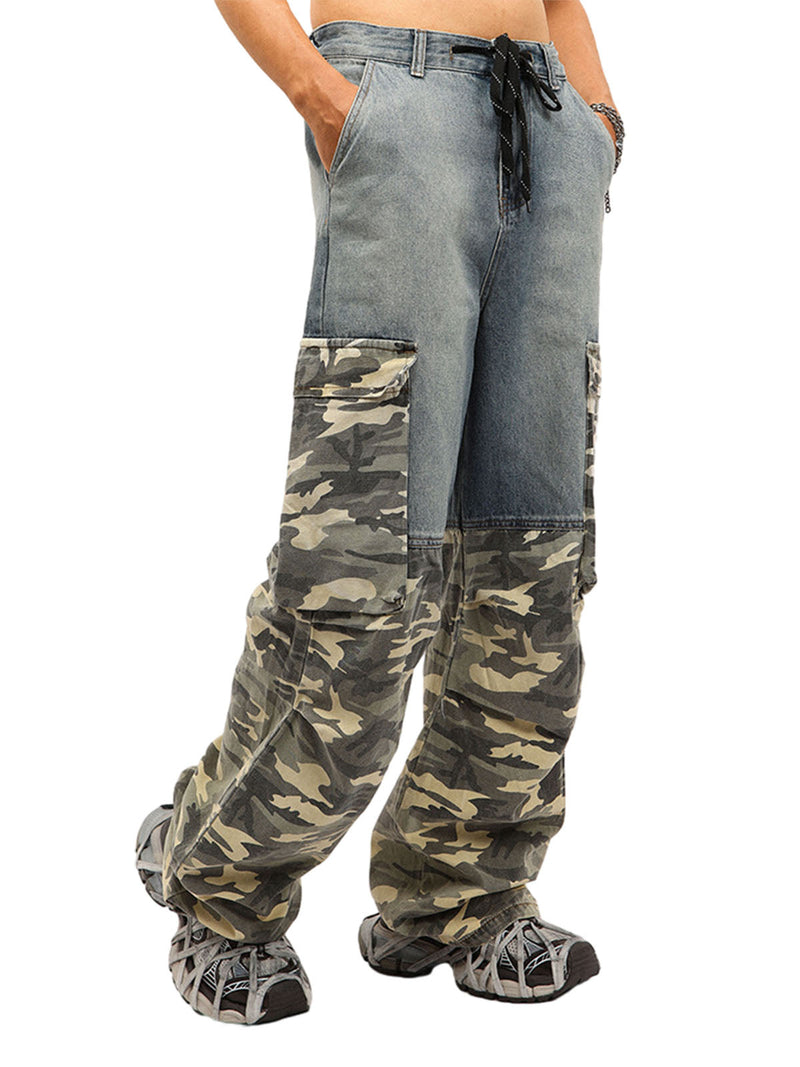 Drawstring Washed Camouflage Cargo Jeans