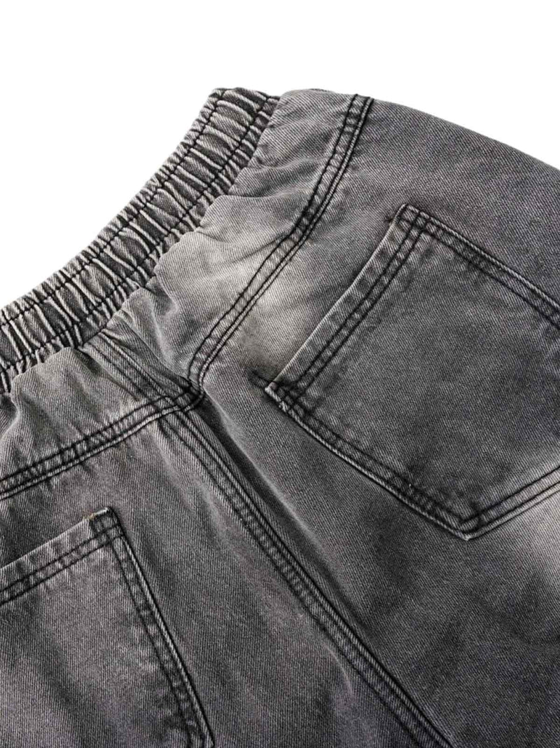 Washed Distressed Raw Edge Drawstring Jeans