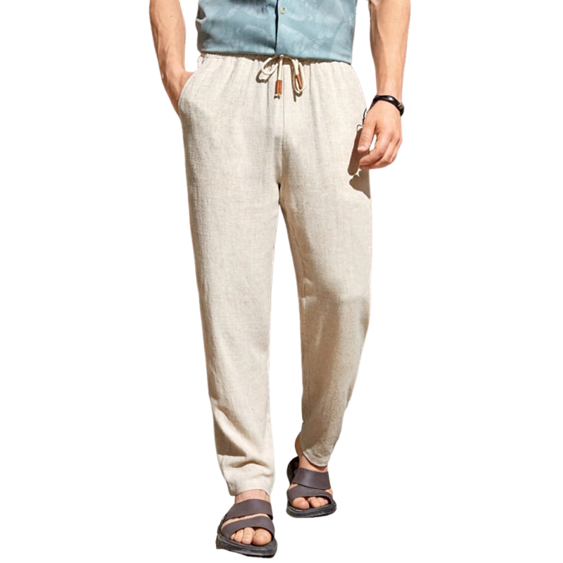 Lässige Herrenhose aus Baumwolle und Leinen mit elastischer Taille und geradem Bein