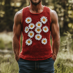 Men's Casual Crew Neck Daisy Embroidered Slim Fit Knitted Tank Top