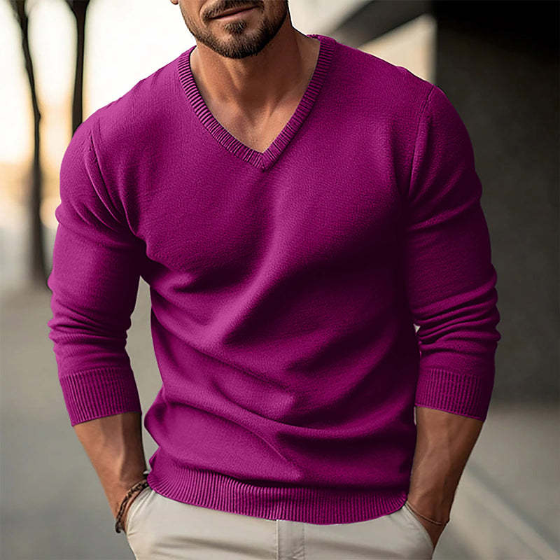 Einfarbiger, langärmliger Strickpullover mit V-Ausschnitt für Herren