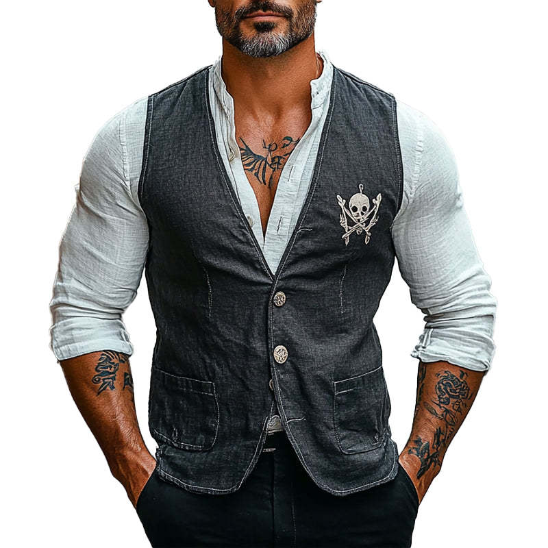 Herren-Weste mit V-Ausschnitt und Vintage-Totenkopf-Print