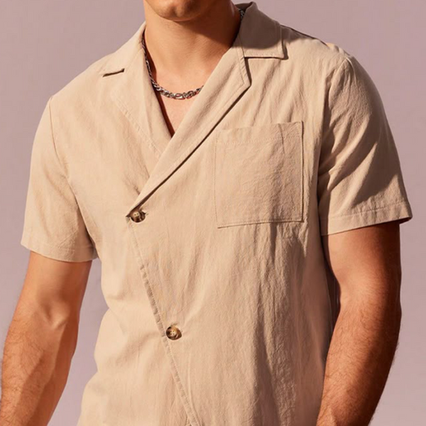 Herren Frühlingsmode Lässiges Slant Pracket Slim Fit Leinen Kurzarmhemd