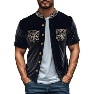 Men's Spring Fashion Retro Embroidered Velvet Stand Collar Short Sleeve Shirt