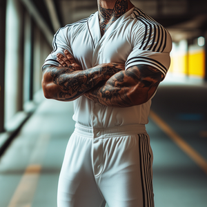 Lässiger, gestreifter, bedruckter, kragenloser Kurzarm-Jumpsuit für Herren im Retro-Stil