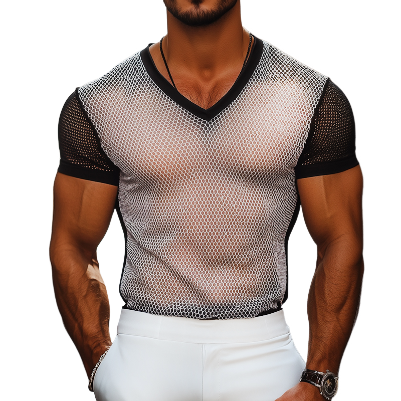 Men's Retro Casual Summer Cool Mesh Fabric Colorblock V-neck Short Sleeve T-shirt