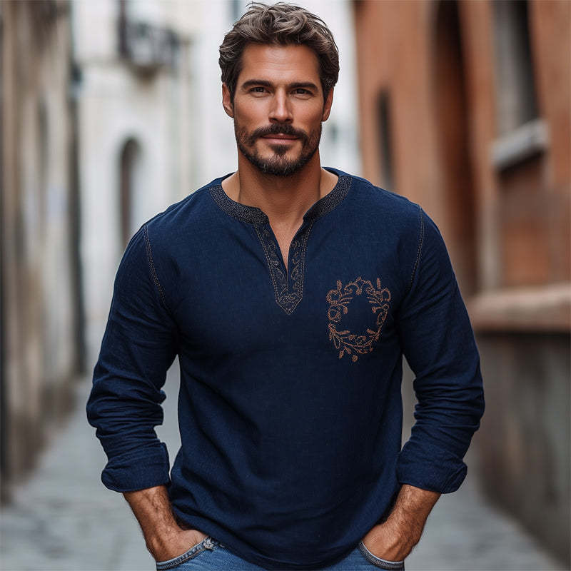 Men's Navy Blue Cotton And Linen Vintage Embroidery V-Neck Long Sleeve T-Shirt
