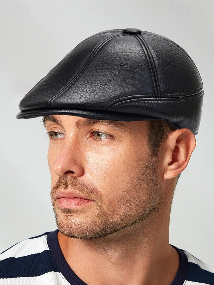 Men's Faux Leather Beret with Ear Flaps – Stylish Winter Hat with Ear Protection for Casual Wear and Outdoor Activities