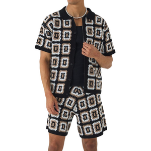 Herren Frühling und Sommer Mode Casual Hollow Gestrickt Kurzarm T-Shirt Shorts Set