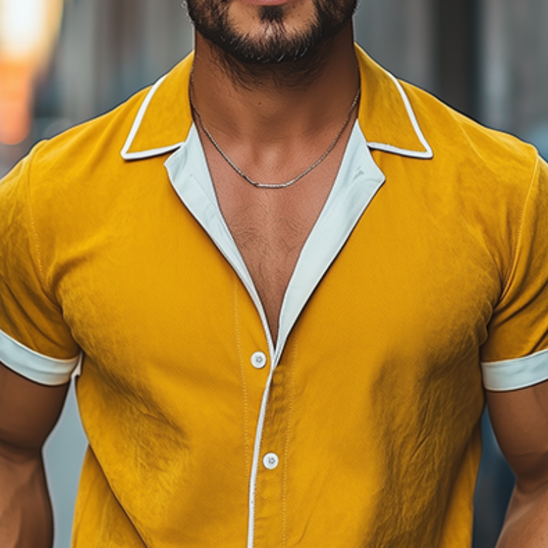 Herren Frühlings- und Sommermode Slim Kontrastfarbe Revers Tencel Baumwolle Kurzarmhemd