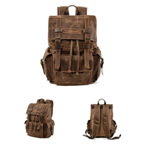 Men's Vintage Beeswax Canvas Outdoor Leather Multi-Pocket Backpack