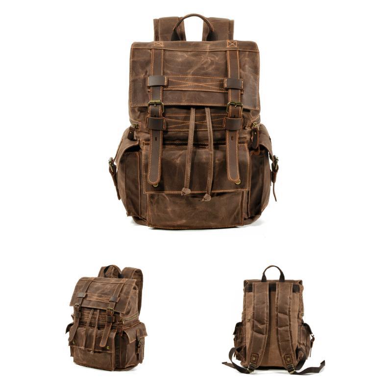 Men's Vintage Beeswax Canvas Outdoor Leather Multi-Pocket Backpack