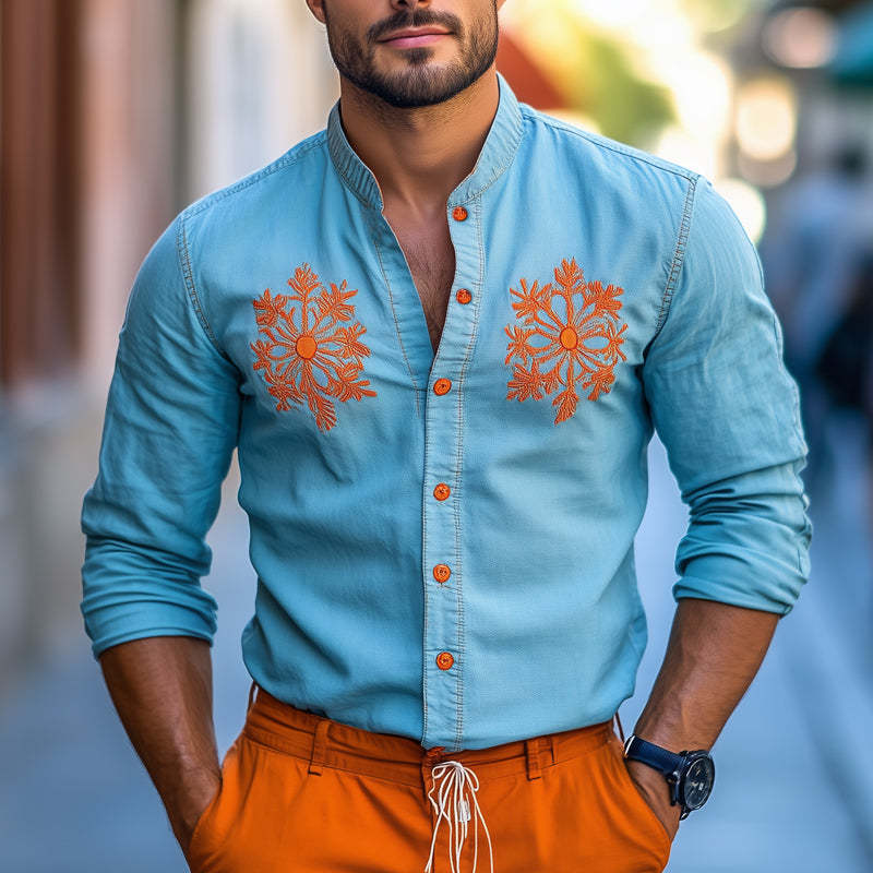 Men's Light Blue Contrast Embroidered Denim Shirt
